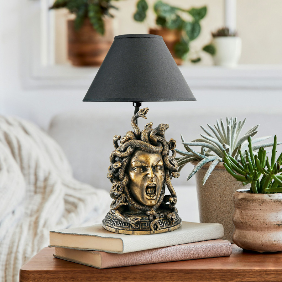 Toscano - Medusa the Greek Snake-Haired Gorgon Sculptural Table Lamp in Gold, Designer Resin