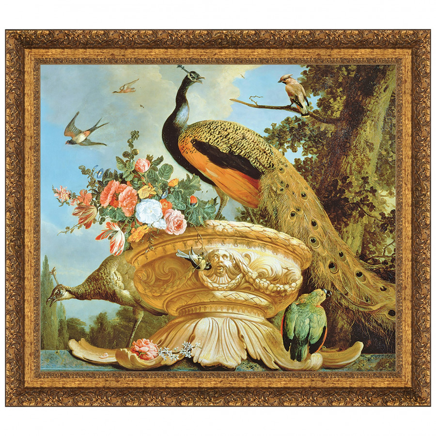 Toscano - A Peacock on a Decorative Urn Framed Canvas Replica Painting