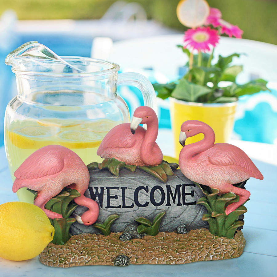 Toscano - Pink Flamingo Welcome Sign Statue