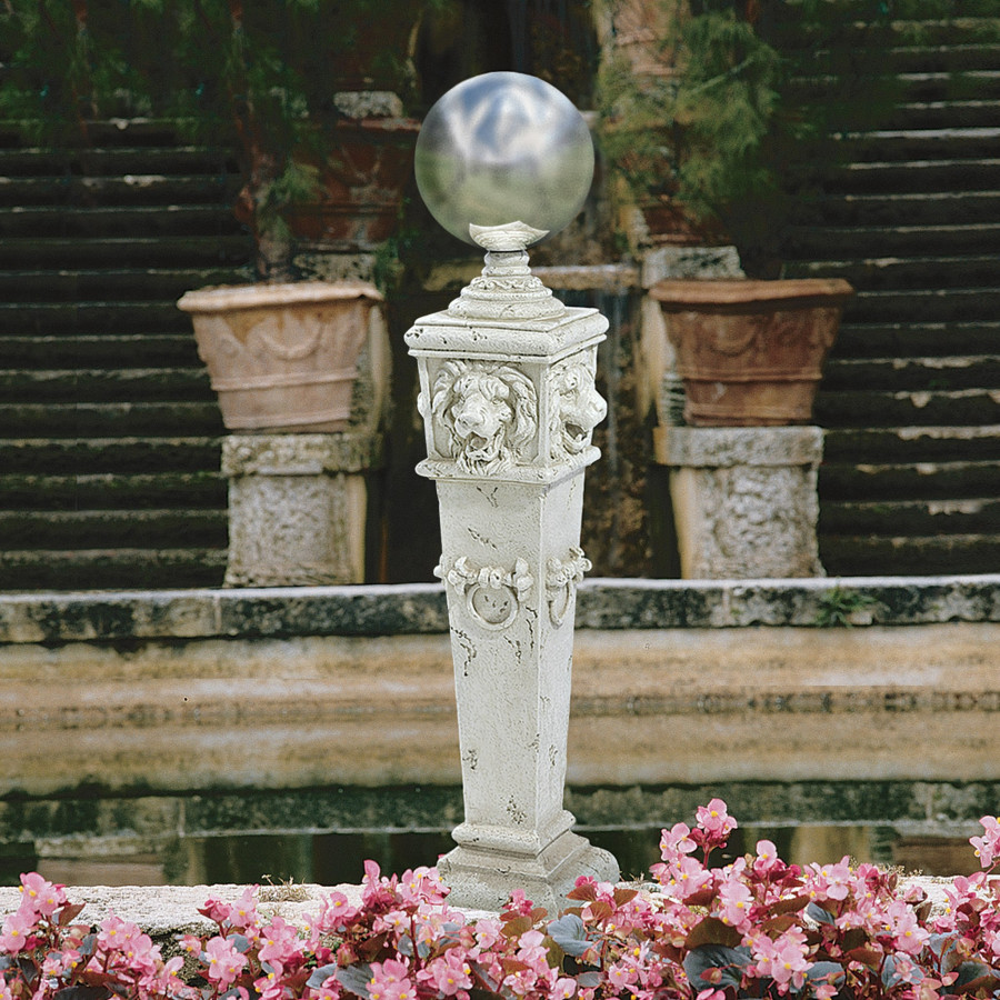 Toscano - Lion Head Metal Gazing Globe Garden Pillar Statue