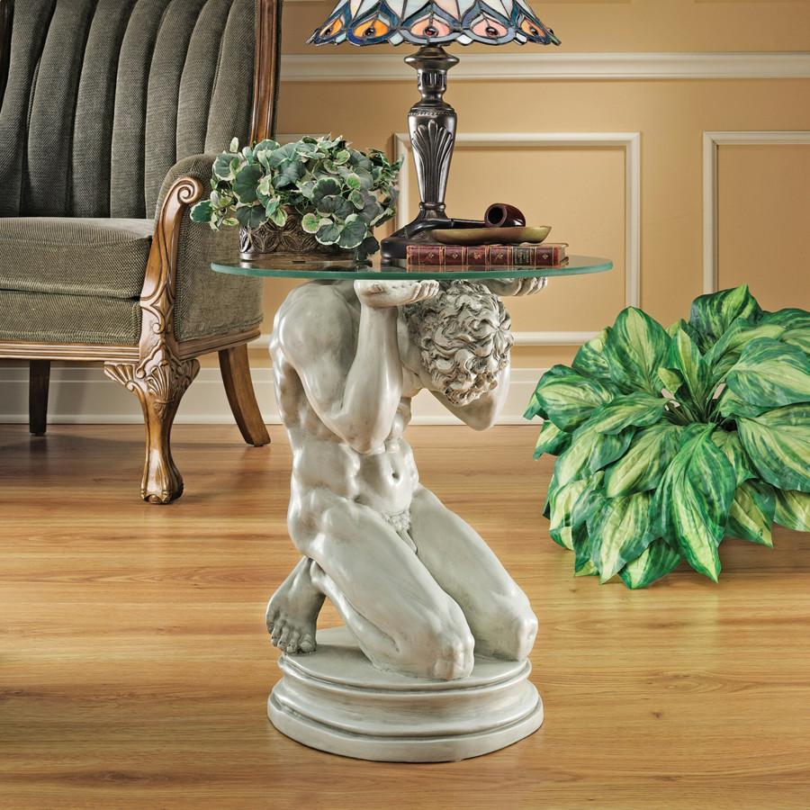 Toscano - Neoclassical Nude Male Sculptural Table in Black/Gold, Designer Resin