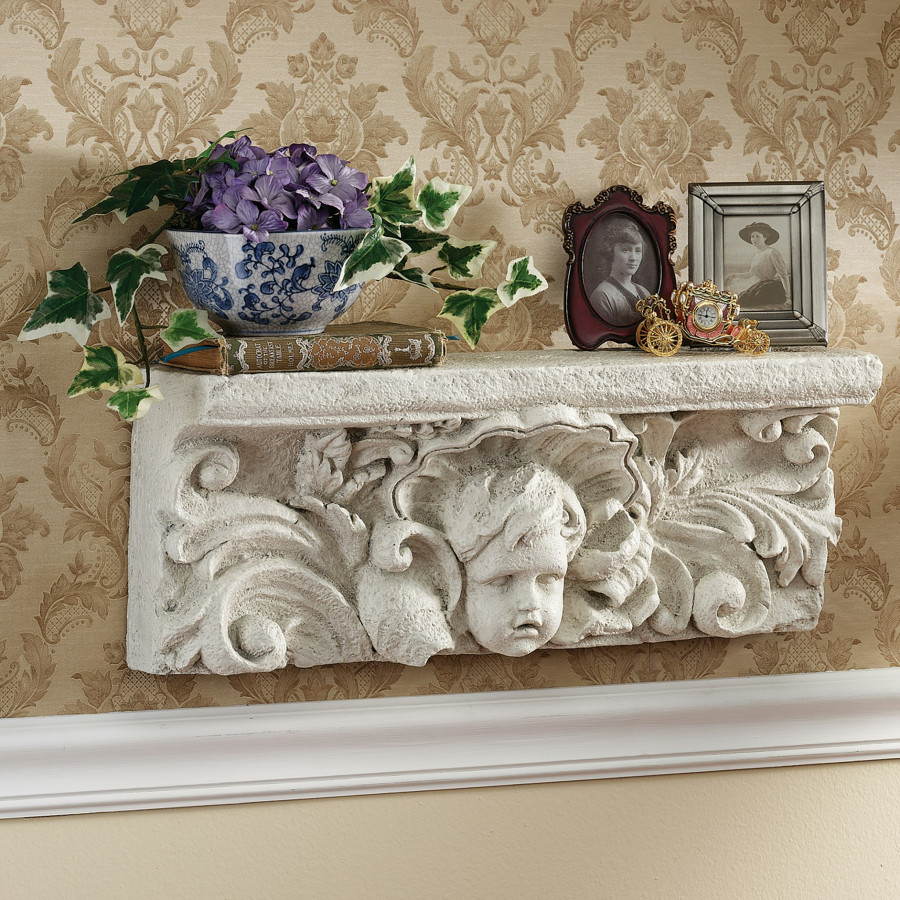 Toscano - Cathedral Cherub Sculptural Wall Shelf in Antique Stone, Designer Resin