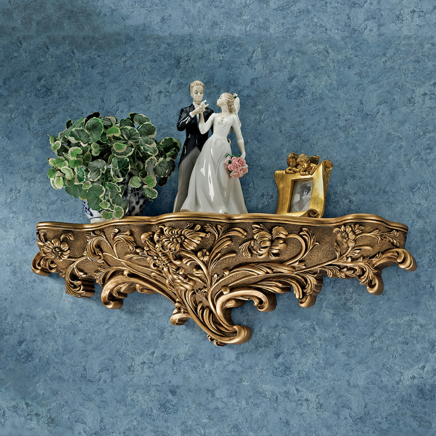 Toscano - Brussels Floral Art Nouveau Sculptural Wall Shelf in Gold, Designer Resin