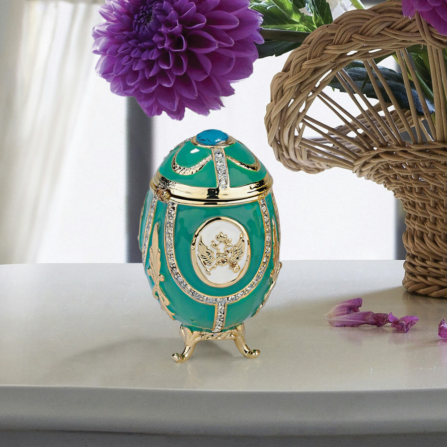 Toscano Russian Imperial Eagle Romanov-Style Collectible Enameled Egg - Teal Green