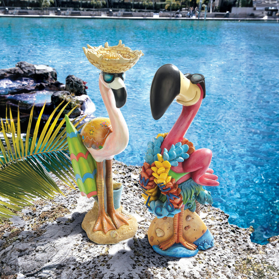 Toscano - Set of 2 Pink Flamingo Garden Statues in Luau Larry, Flamingo Frank