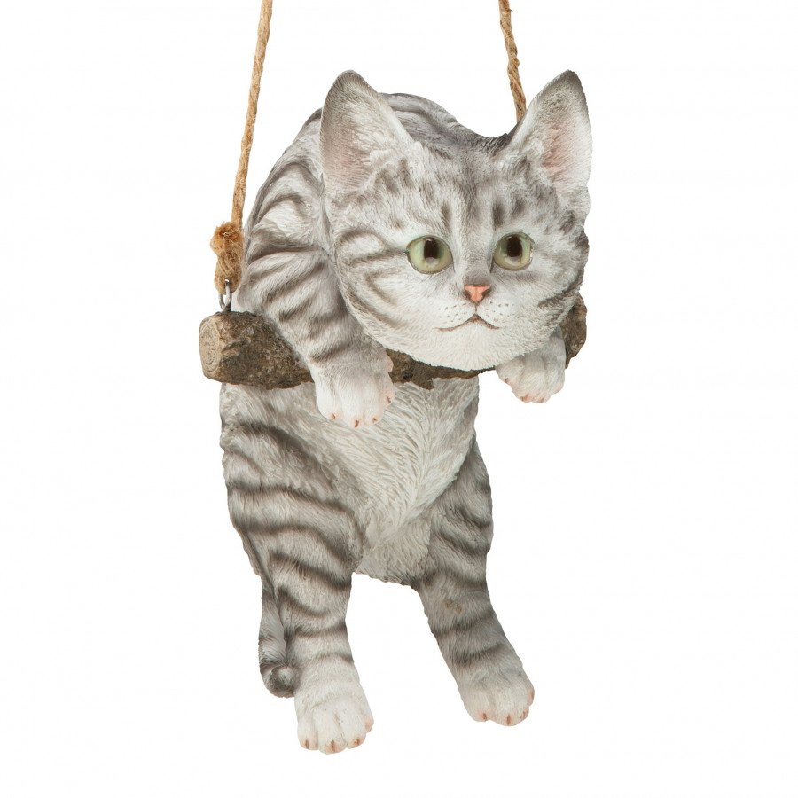 Toscano - Gray Tabby Kitty on a Perch Hanging Cat Sculpture