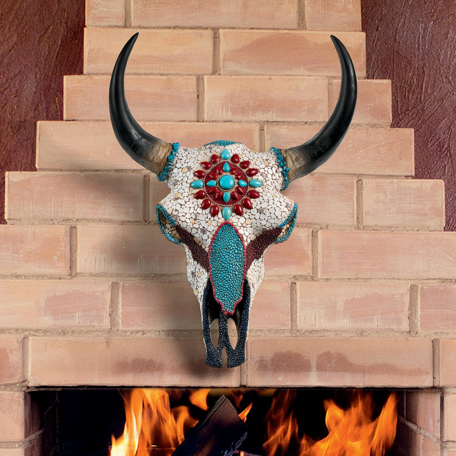 Toscano - Mystic Plains Warrior Faux Gem Encrusted Cow Skull Wall Sculpture