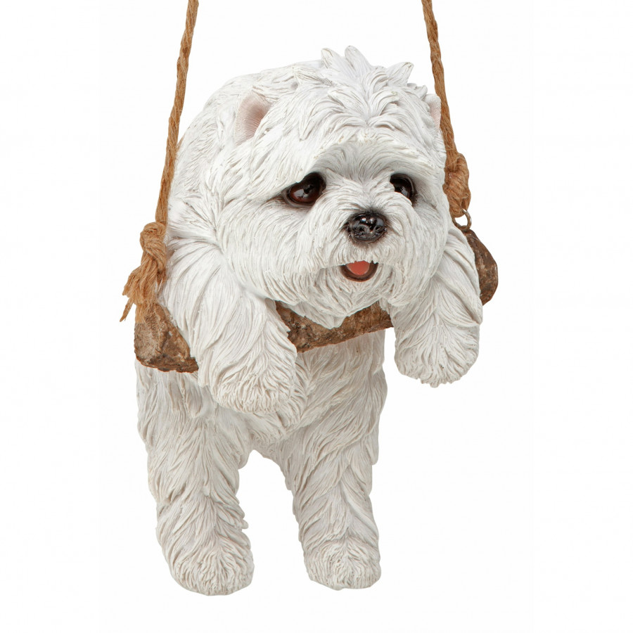 Toscano - White Maltese Puppy on a Perch Hanging Dog Sculpture