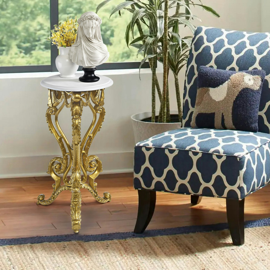 Toscano - Palace of Versailles Petite Accent Pedestal Table in Ivory/Gold, Designer Resin