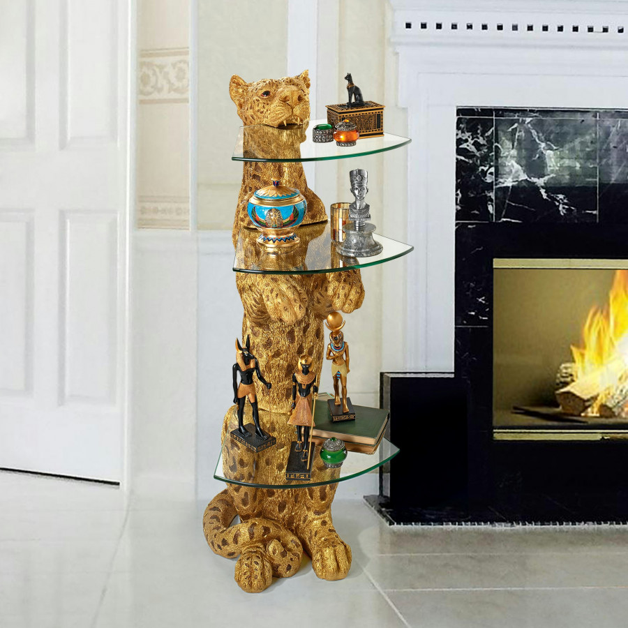 Toscano - Royal Egyptian Cheetah Sculptural Glass-Shelved Pedestal Table in Designer Resin