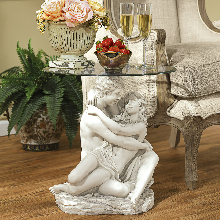 Toscano - Lovers in the Arms of Romance Sculptural Table in Antique Stone, Designer Resin
