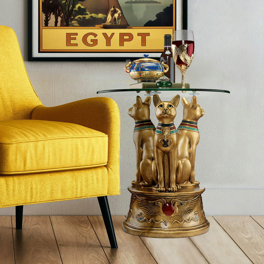 Toscano - Royal Golden Bastet Egyptian Side Table in Designer Resin
