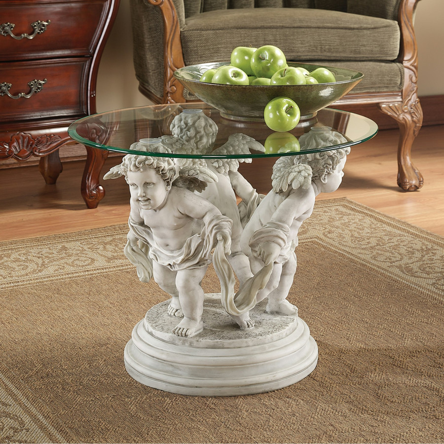Toscano - Bernini Cherubs Sculptural Table in Antique Stone, Designer Resin