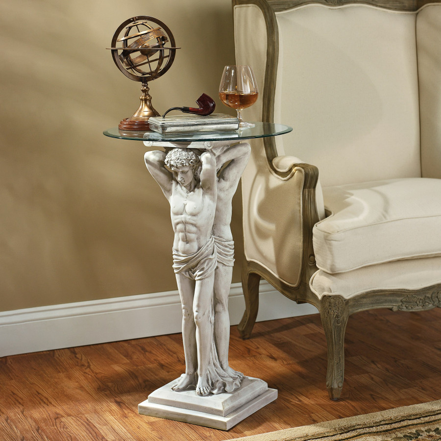 Toscano - Hermitage Atlantes Pedestal Table in Antique Stone, Designer Resin
