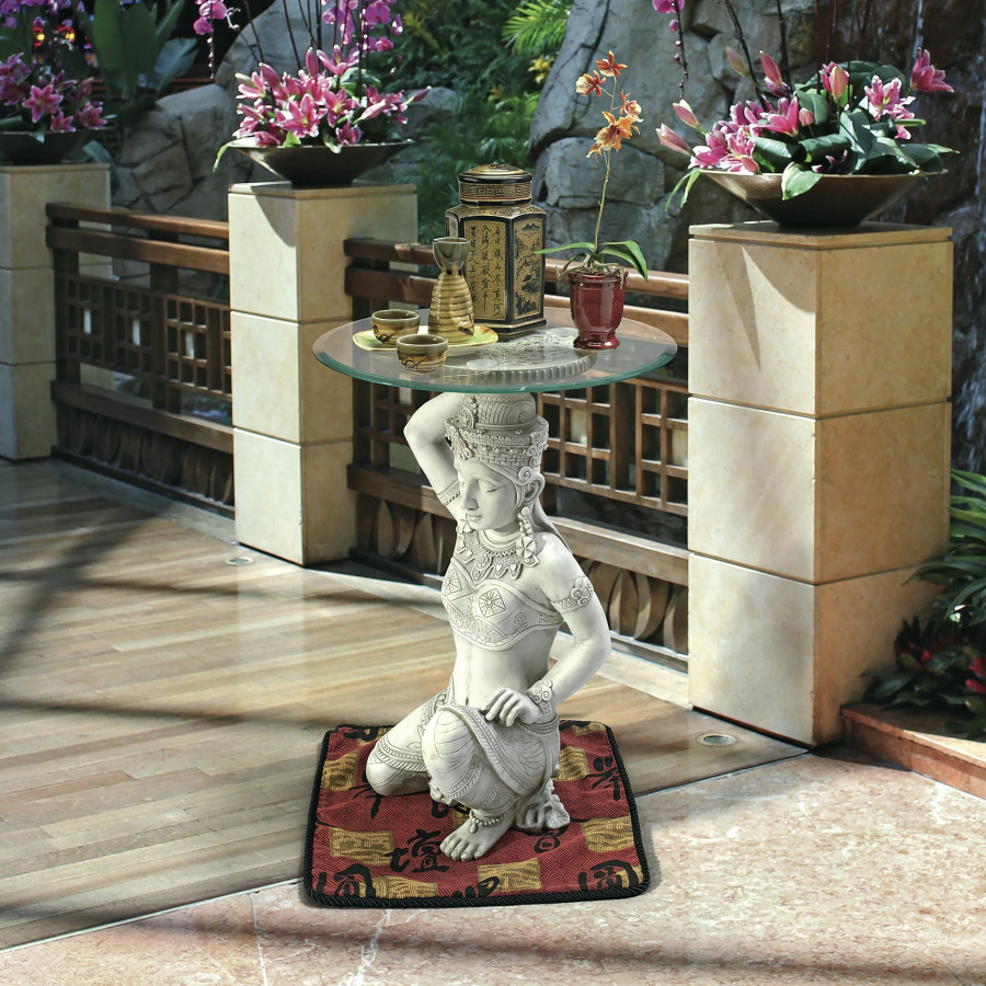 Toscano - Asian Thai Teppanom Glass-Topped End Table in Antique Stone, Designer Resin