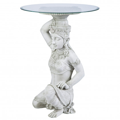 Toscano - Asian Thai Teppanom Glass-Topped End Table in Antique Stone, Designer Resin
