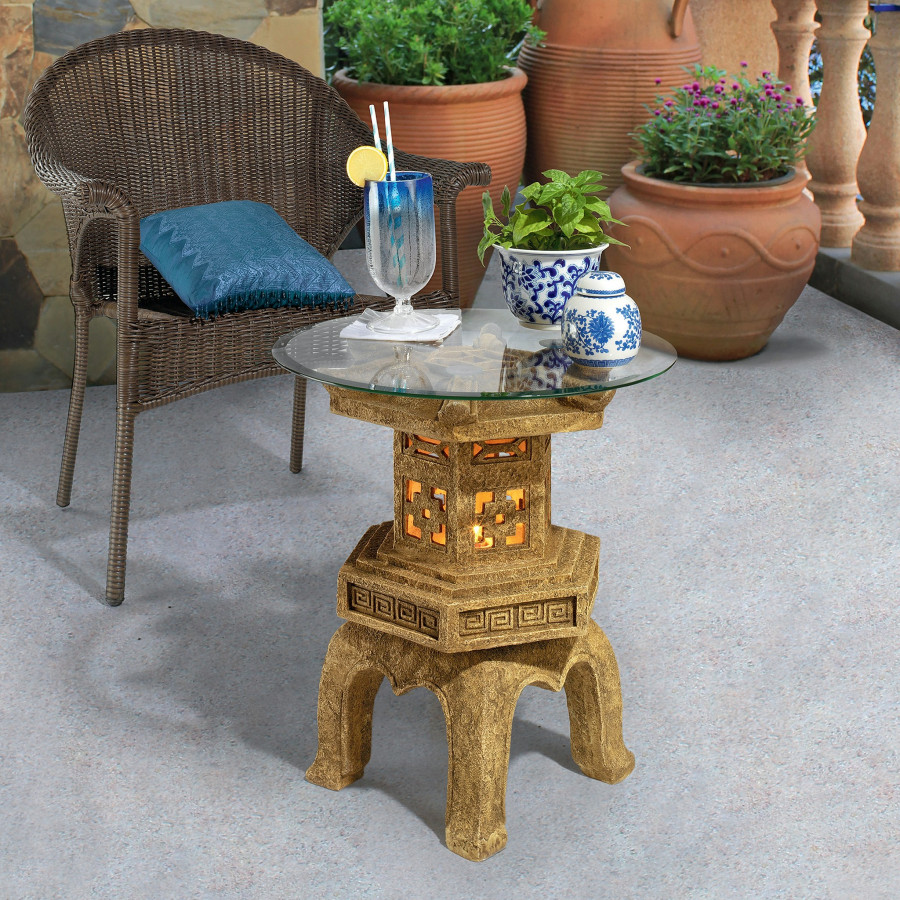 Toscano - Tranquil Pagoda Illuminated Sculptural Table in Sandstone, Designer Resin