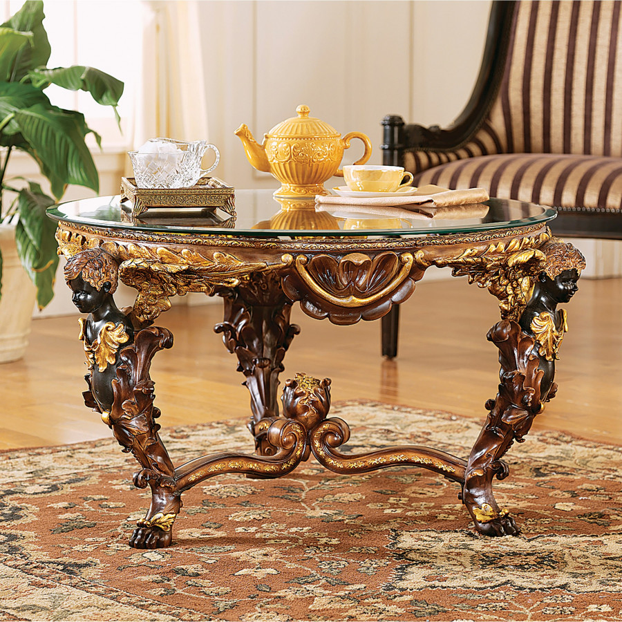 Toscano - Louis XIV Glass-Topped Coffee Table in Woodtone, Designer Resin