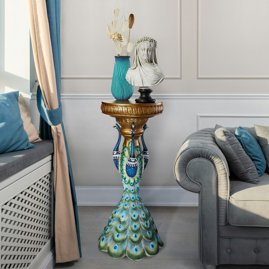Toscano - Great Ruler Peacock Sculptural Pedestal Column in Designer Resin
