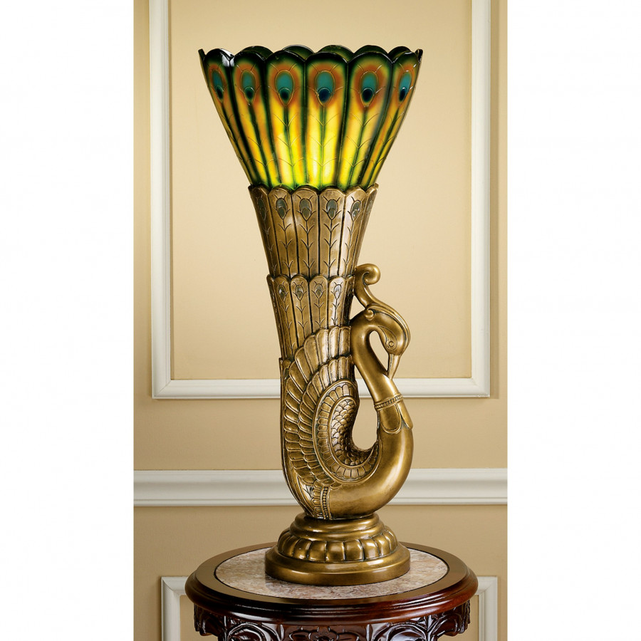 Toscano - Art Deco Peacock Sculptural Table Lamp in Bronze, Designer Resin
