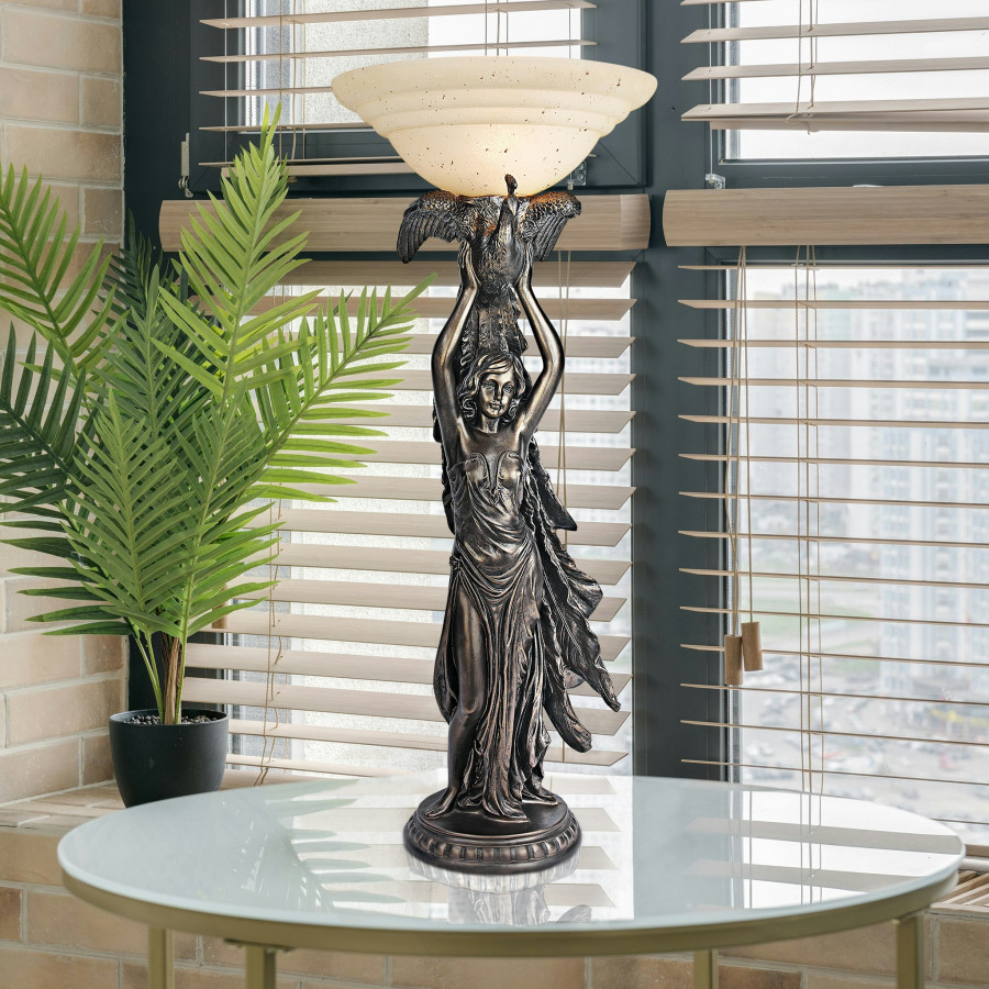 Toscano - The Peacock Goddess Torchiere Table Lamp in Bronze, Designer Resin
