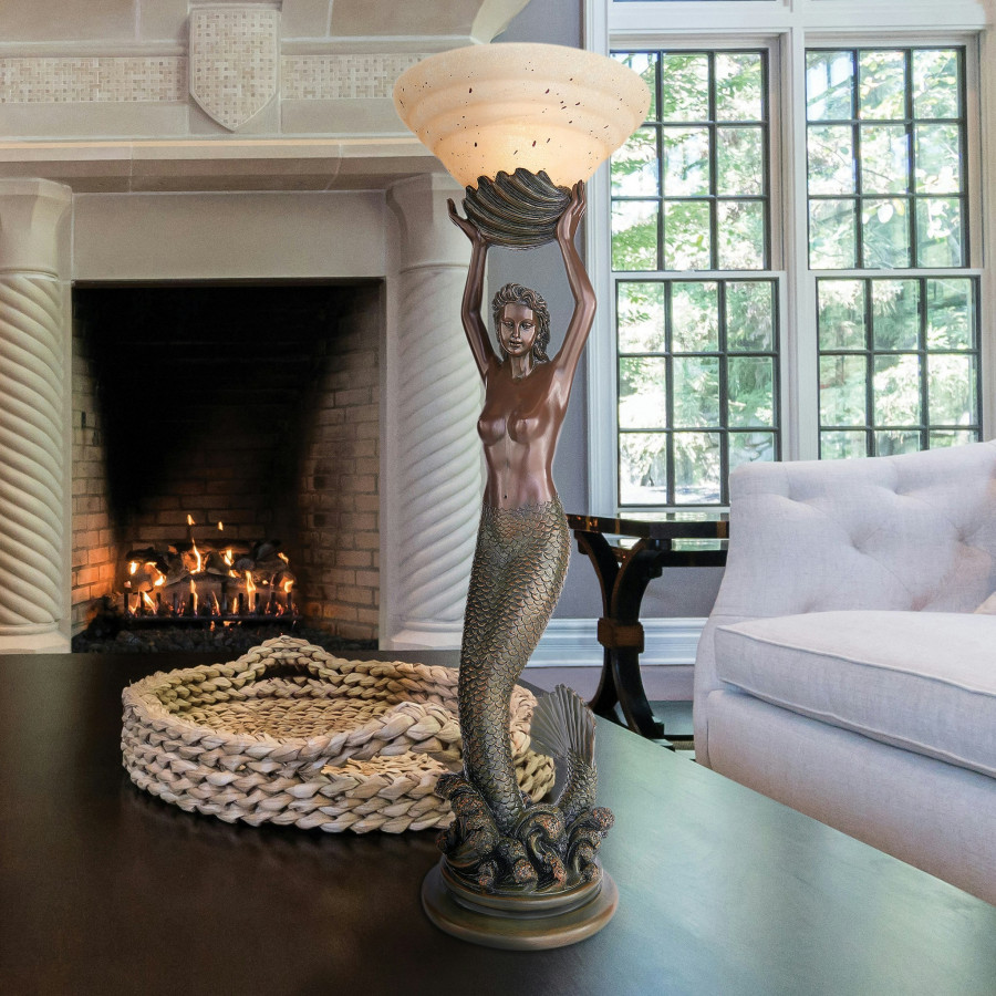 Toscano - The Goddess Offering Mermaid Sculptural Table Lamp in Verdigris, Designer Resin