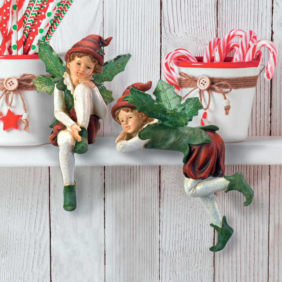 Toscano - Set of 2 Santa Christmas Elves Shelf Sitter Statues