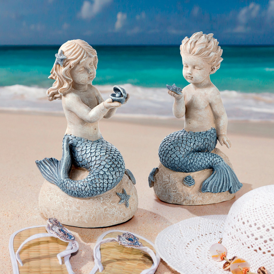 Toscano - Set of 2 Jewels of the Deep Girl and Boy Mermaid Statues