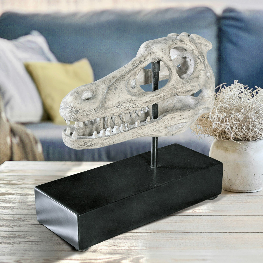 Toscano - Velociraptor Dinosaur Skull Fossil Statue on Museum Mount