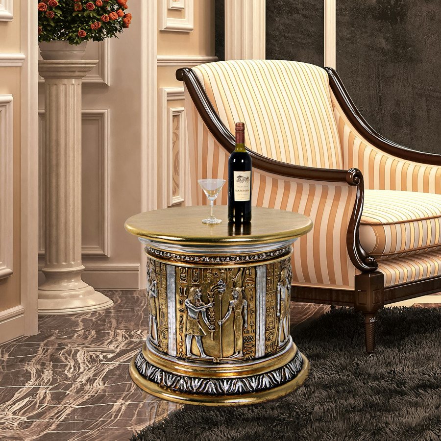 Toscano - Egyptian Karnak Temple Side Table and Statuary Pedestal in Silver/Gold, Fiberglass