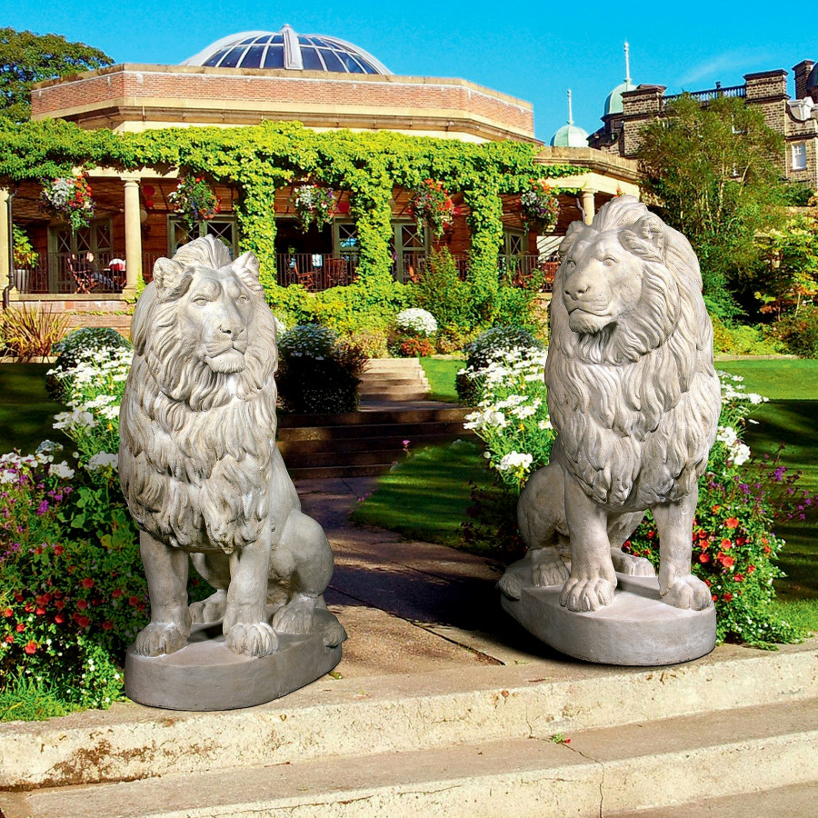 Toscano - Set of Stately Chateau Lion Sentinel Garden Statues Left and Right