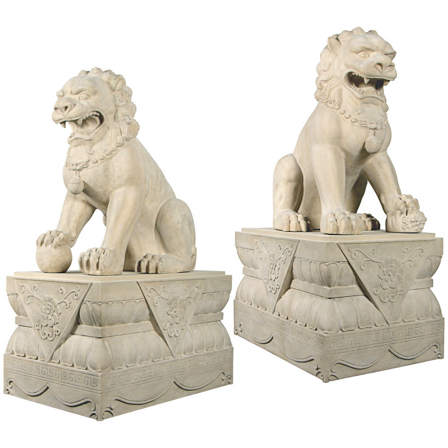 Toscano - Set of Grand Palace Chinese Lion Foo Dog Statues with Bases Male and Female