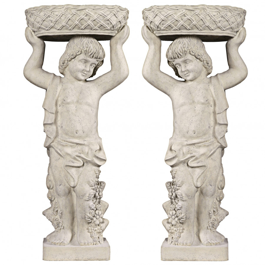 Toscano - Set of 2 Young Bacchus Garden Statues with Basket Planters