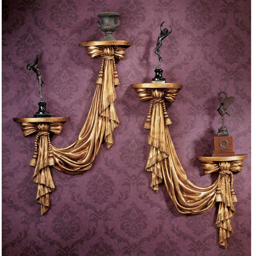 Toscano - Saint Louis Draped Sculptural Wall Accent Shelf in Gold, Designer Resin