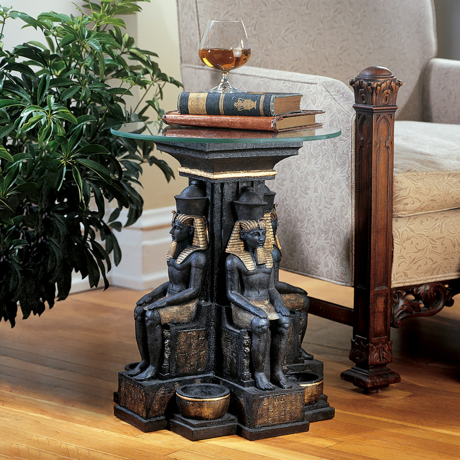 Toscano - Ramses II Egyptian Sculptural Glass-Topped End Table in Black/Gold, Designer Resin