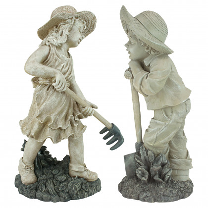 Toscano Set of 2 Young Gardener Rebecca and Samuel Statues - Large