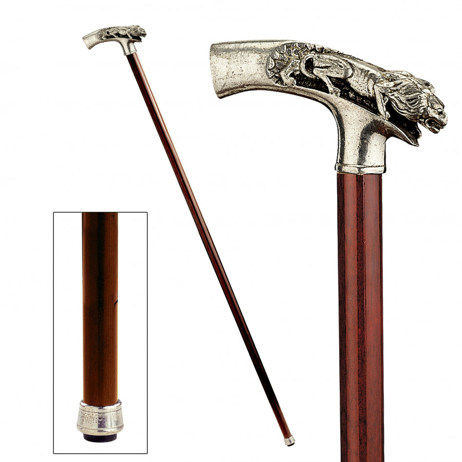 Toscano - Padrone Lion on Mountain Walking Stick in Pewter