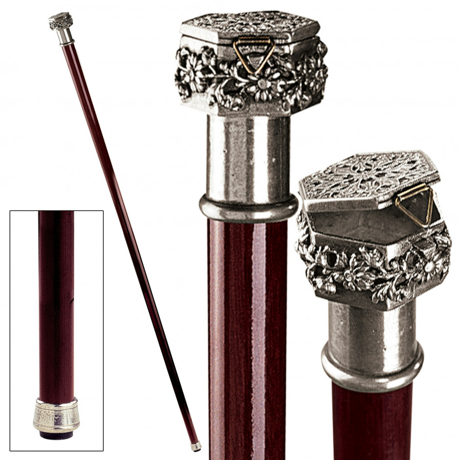 Toscano - Padrone Ornate Pill Box Walking Stick in Pewter