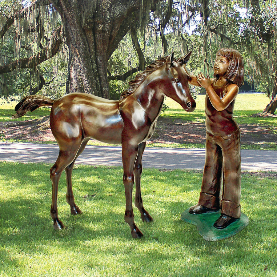 Toscano - Set of 2 Preening Equestrian Girl and Horse Garden Statues
