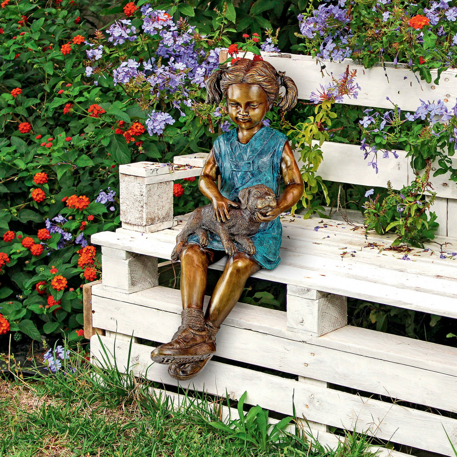 Toscano - Sitting Savannah Girl with Dog Garden Statue
