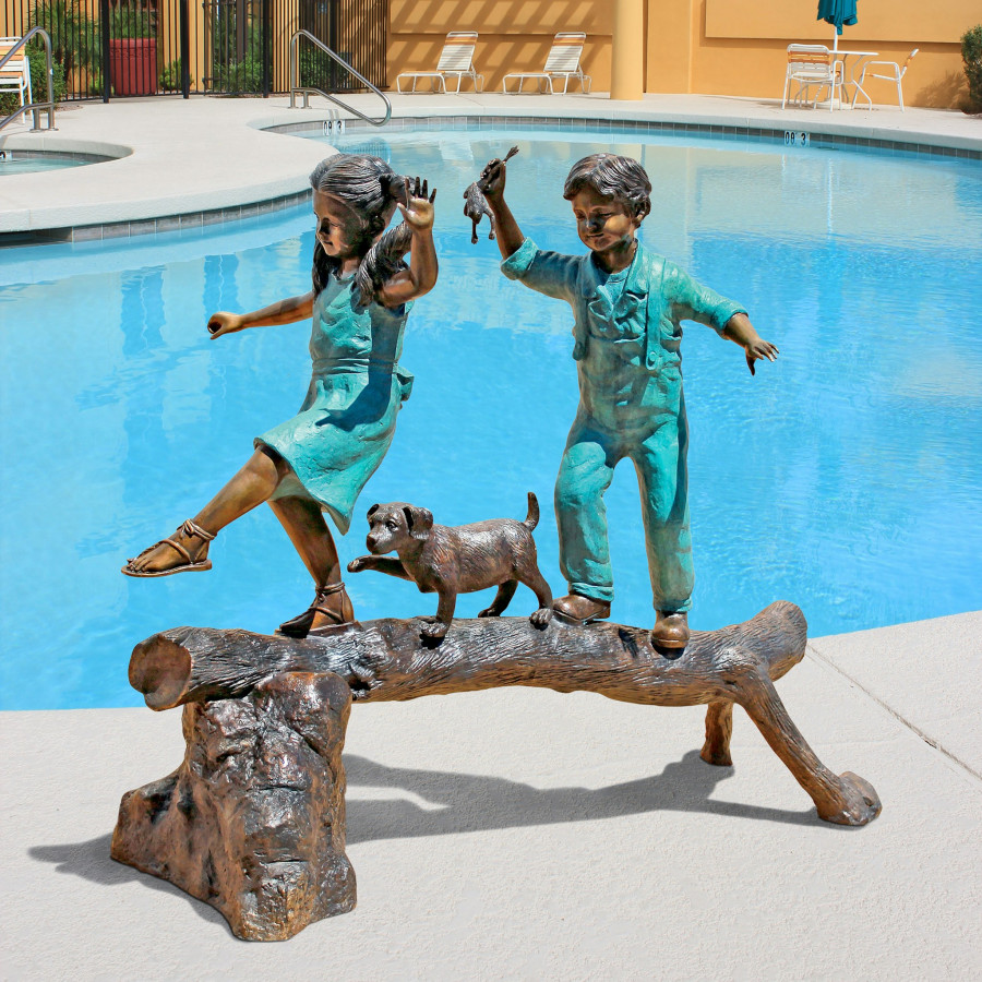 Toscano - The Adventure Boy and Girl on Log Garden Statue