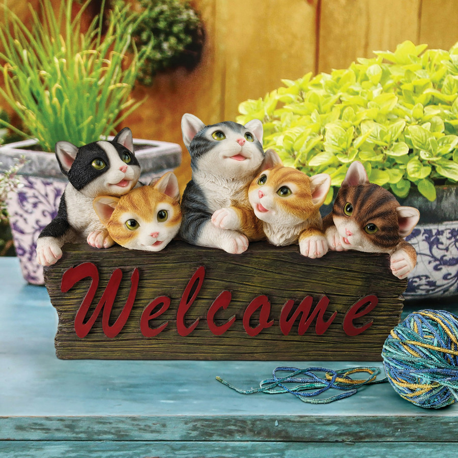 Toscano - Kitten Kaboodle Cat Welcome Sign Statue