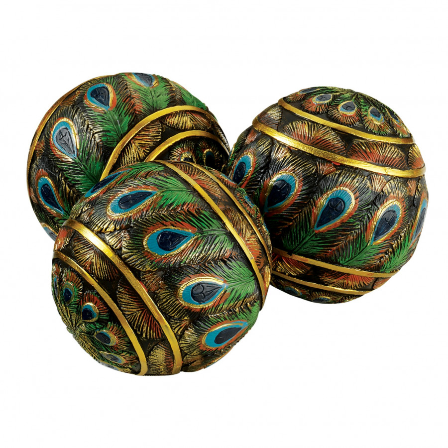 Toscano - Set of 3 Peacock-Feathered Orbs Decorative Accent Balls