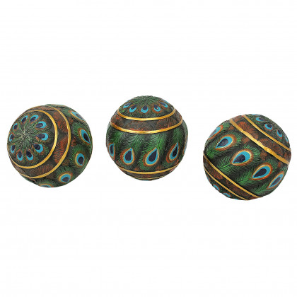 Toscano - Set of 3 Peacock-Feathered Orbs Decorative Accent Balls