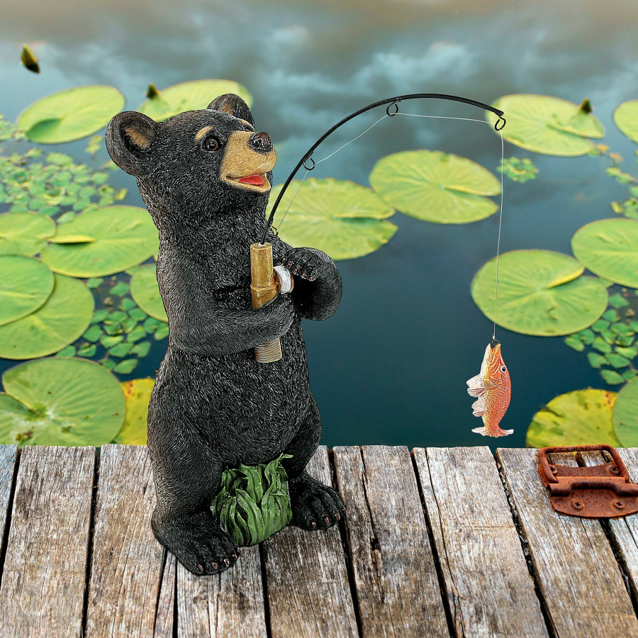 Toscano - Hooked on FishingBlack Bear Cub Fisherman Statue