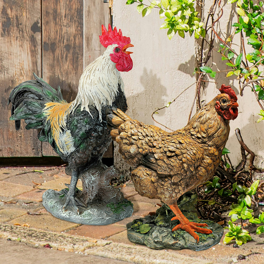 Toscano - Set of 2 Henrietta the Hen and Cock-A-Doodle-Do Rooster Statues