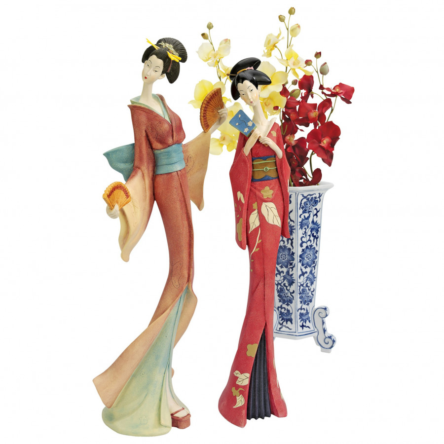 Toscano - Set of 2 Japanese Maiko Geisha Fan Dancer Statues