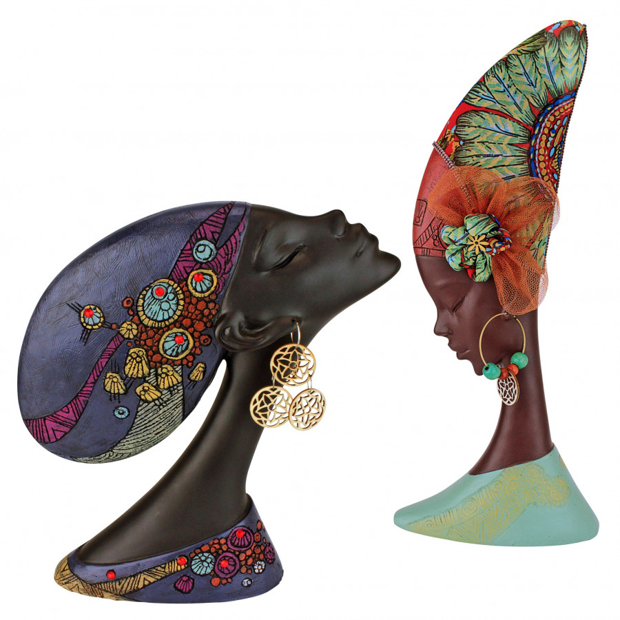 Toscano - Set of 2 African Princess Gele Headdresses Nubian Maiden Sculptural Busts