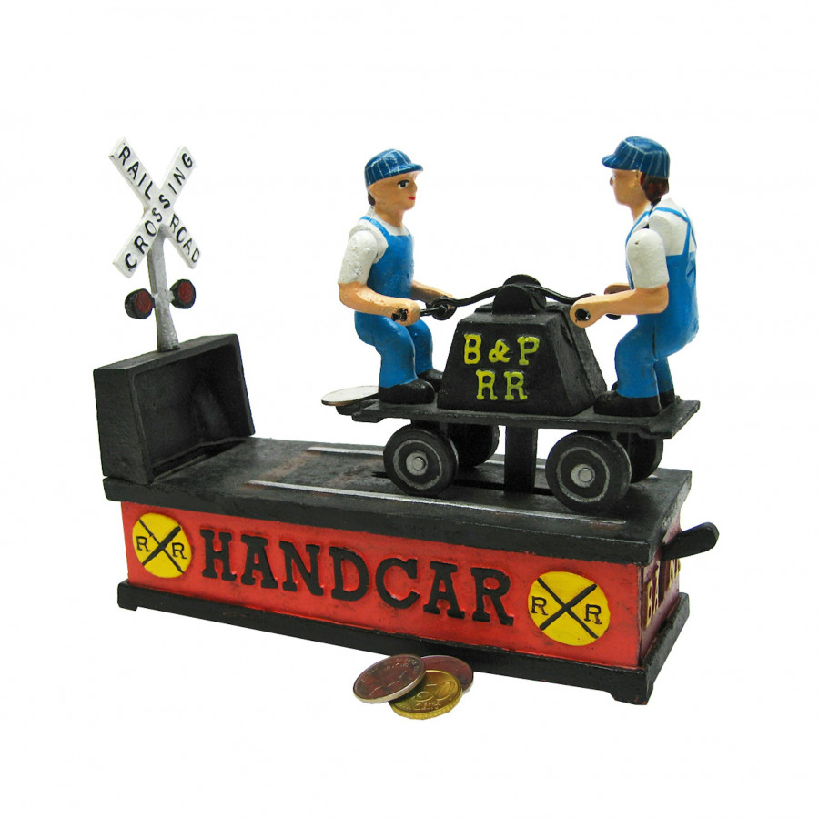 Toscano - Railroad Handcar Collectors Die Mechanical Coin Bank