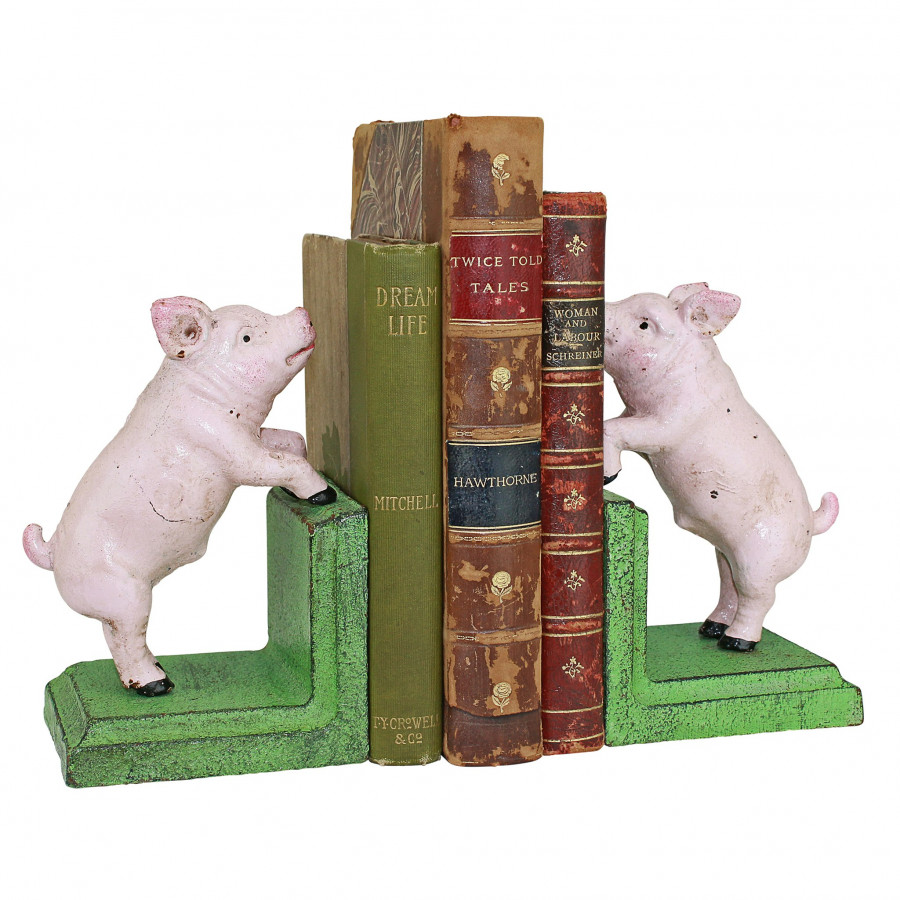 Toscano - Piggy in a Pen Sculptural Bookend Pair in Cast Iron